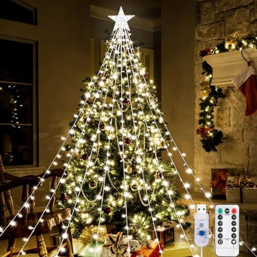 Aofonchy Christmas Tree Lights, 2M/ 6.6FT x 9 Strands USB Waterfall Tree Lights with Topper Star, 198LED Christmas Lights with Remote, 8 Modes Fairy Lights for Xmas Garden Tree Decor