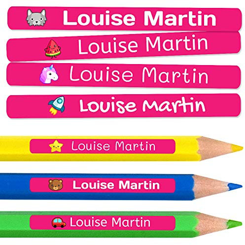 100 Pegatinas personalizadas para la escuela y la guardería. Etiquetas adhesivas de vinilo impermeables de colores para marcar lápices y bolígrafos. Dimensiones 46 x 6 mm