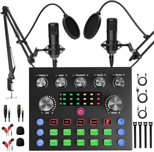 Podcast Equipment Bundle for 2, Audio Interface with Podcast Condenser Microphone, Voice Changer, DJ Mixer for Streaming, Podcast Recording, Gaming, TikTok, PC, Smartphone