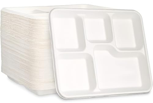 KAV 100% Compostable and Biodegradable 5 Compartment Disposable Plates – 5CP Food Tray, Eco-Friendly Sugarcane Paper Trays, Plastic and BPA-Free, Microwave & Freezer Safe (Pack of 50)