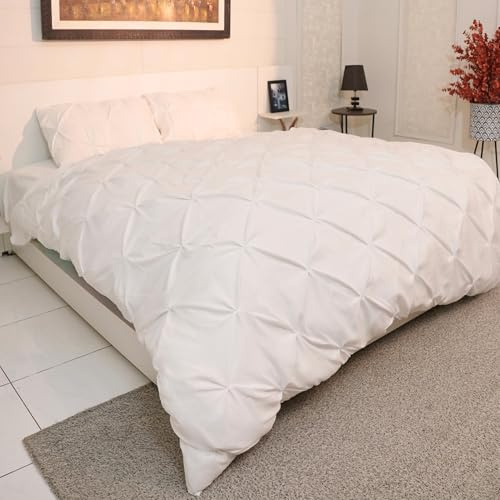 AHS - King White Pintuck Duvet Cover Sheet - Comfy Bedding Set With Pillow Cases - Soft Durable Pollycotton Comforter - Breathable & Washable Duvet Bed Set (King: 225x225cm)