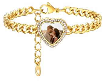 Custom4U Personalisiertes Foto Armband Damen Gold 5mm breit Verstellbarer Mutter Oma Zirkonia Herz Armreif Gold mit Bildgravur Kupfer Frauen Damen Armbänder 16cm+3cm lang