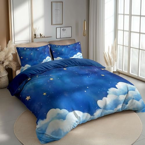 CozyRest Kinder Bettwäscheset 155 x 220 cm Reversibel Kinderbettwäsche mit Reißverschluss Sternenhimmel Wolken Romantik Nacht Bettbezug Dunkelblau Bettwäsche Set mit 2 Kissenbezug 80x80