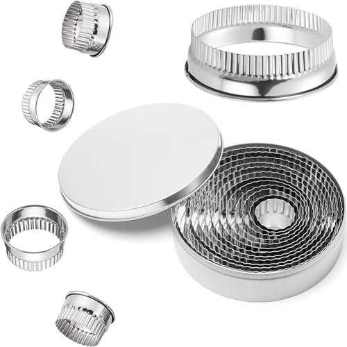 BGOBTY Cortadores de Galletas Redondos,12 Piezas Moldes de Galletas de Acero Inoxidable,Juego redondo de cortador de galletas con caja de almacenamiento para Pasteles Donuts Fudge Mousse (Ondulante)