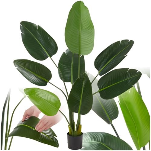 tectake® Pianta Artificiale Strelitzia, Foglie Dettagliate in Plastica PEVA, Vaso Stabile, Decorazione per Soggiorno, Ufficio e Interni, Facile da Pulire - 120 cm