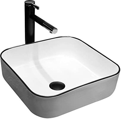 WOTZOV Lavabo en céramique Moderne pour Salle de Bain en Porcelaine Blanche, lavabo Artistique avec Robinet Noir, bonde escamotable, lavabo de Salle de Bain au-Dessus du co