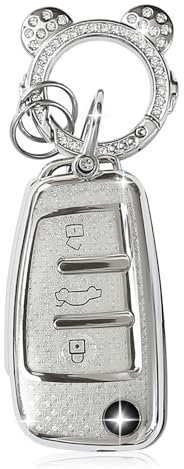 ZVRSUA Coque de Clé de Voiture pour Audi,Joli Porte Clé Voiture en Argent Incrusté de Diamants,Accessoire Voiture Compatible avec Audi A3 S3 / A4 S4 RS4 / A6 S6 RS6 / Q7 / TT TTS / R8 (Argent)