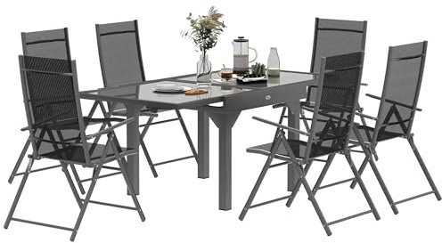 Outsunny Juego de Mesa y Sillas de Jardín Extensible de 7 Piezas, Juego de Comedor con Mesa de Cristal, 6 Sillas de Exterior Plegables con Reposabrazos, Juego de Muebles de Acero y Textileno, Gris