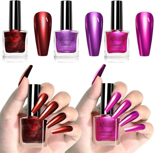 Metallic Mirror Chrome Nail Polish Set, 3 Colors Wine Red Purple Pink Colors Long-lasting Holographic Metallic Nail Polish No UV/LED Needed Fast-Drying for Nail Art