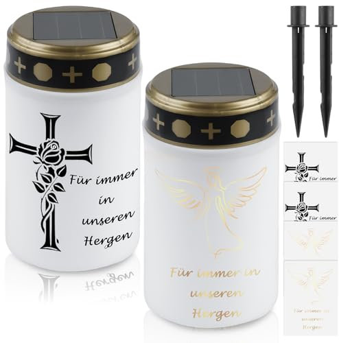 GAOUTO 2 pezzi luce funeraria solare a LED con picchetto, candela tomba impermeabile solare con 4 adesivi, lampada da cimitero, per esterni, con sensore di luce, per esterni, 7 x 12 cm