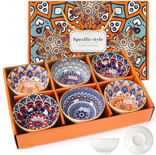 Ceramic Bowls Set of 6 – 10oz/300ml Bohemian Style Colorful Small Bowls for Rice, Dessert, Ice Cream & Tapas | 4.6 Porcelain Serving Bowls with Gift-Ready Packaging, Microwave & Dishwasher Safe