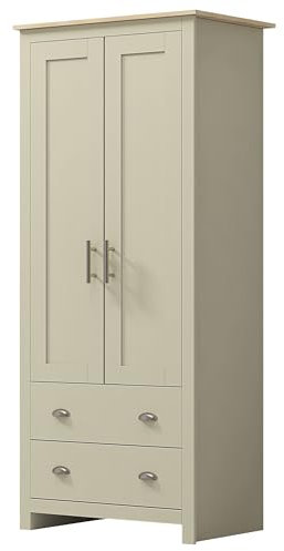 Nera 2 Door Wardrobe with Drawers and Hanging Rail Oak Coloured Top Slim Wardrobes for Small Bedrooms Storage (Cream on Oak)