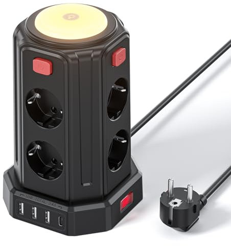 Torre Regletas Enchufes (3600W/16A), 2 M Enchufes Vertical con 4 Puertos USB y 8 Enchufes Tomas Protección con Interruptor y luz para Mesa, Oficia, Casa