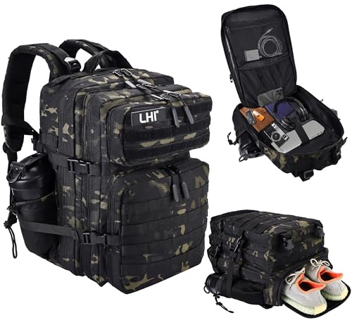 LHI Military Tactical Backpack for Men and Women 45L Large waterproof Rucksack with Shoe Compartment - Black CP