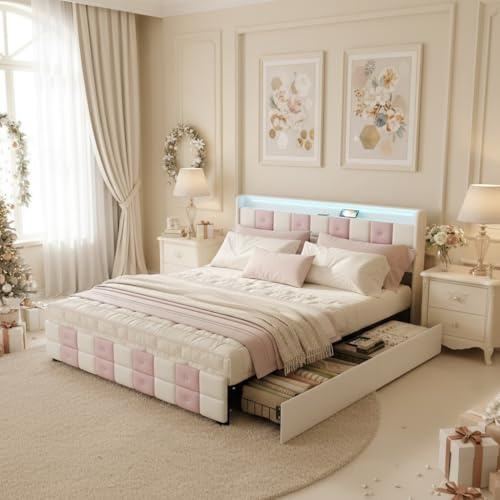 RXMORI Doppelbett, polsterbett 160x200 mit stauraum, Bett mit Stauraum,betten mit L/ED und Lattenrost,stauraumbett mit 4 Schubladen und Stauraum,Samt,Rosa + Weiß (Rosa A, 160 x 200 cm)