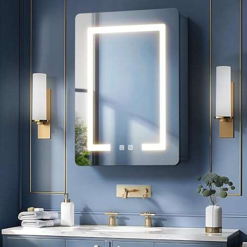LNZHAO Bathroom Mirror Cabinets with Led Lights, Aluminum Alloy | Wall Mounted Bathroom Cabinet Led Bathroom Mirror, 3 Colors Anti Fog, Adjustable Shelves, Touch Sensor, Concealed Storage