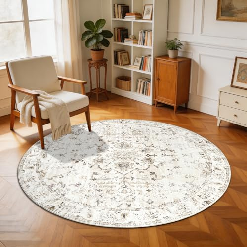 Homcomodar Waschbare Teppich Rund 180cm Teppich Wohnzimmer Beige Vintage Teppiche Schlafzimmer Teppiche Kurzflor für Wohnzimmer Schlafzimmer Esszimmer Büro