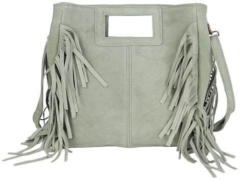 MIRROSI® Damen Umhängetasche aus Wildleder mit Fransen – Made in Italy, Boho Stil Schultertasche, 23 × 24 × 7 cm, hochwertige Ledertasche (Mint)