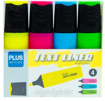 Plus Office Text Neon Textmarker-Set, 4-teilig, Farbe: Gelb Rosa Grün und Orange