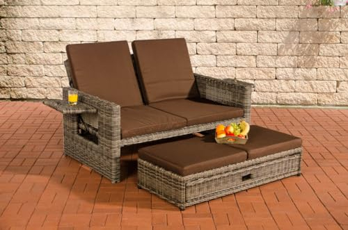 CLP Polyrattan 2er-Loungesofa Ancona 5mm I Rundrattan Garten-Sofa Mit Ausziehbarem Fußteil Und Verstellbarer Rückenlehne I, Farbe:grau-meliert, Polsterfarbe:Terrabraun