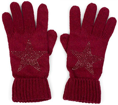 styleBREAKER Damen Handschuhe mit Strass Nieten Stern Applikation und doppeltem Bund, warme Strickhandschuhe 09010008, Farbe:Bordeaux-Rot
