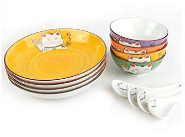 lachineuse - Coffret Repas Japonais - Design Maneki Neko - Pour 4 Personnes - Bols, Assiettes et Cuillères - Décoration Japonaise - Idée Cadeau Japon Asie