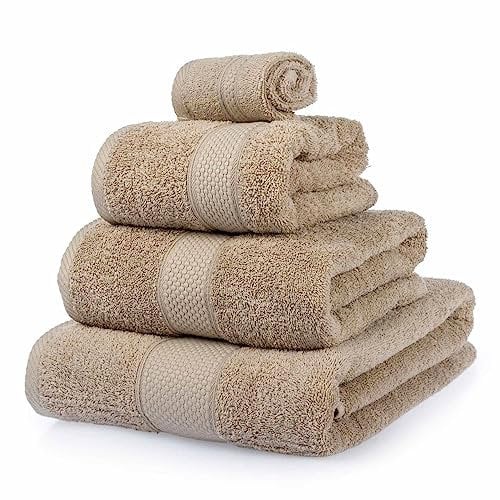 HOMESCAPES Stone Turkish Cotton 4 Piece Towel Set Soft & Absorbent 500 GSM Heavyweight Face Cloth, Hand Towel, Bath Towel & Bath Sheet Towel Bale
