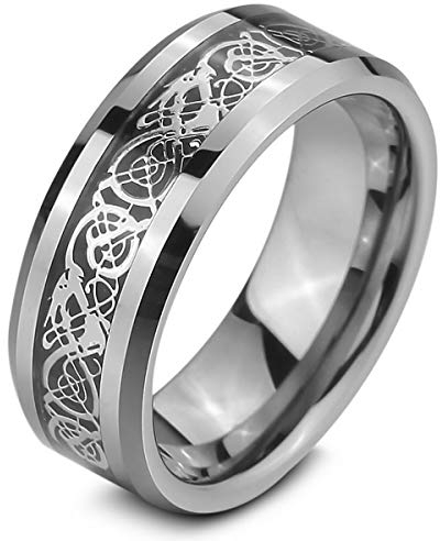 MunkiMix Wolframcarbid Wolfram Ring Band Silber Ton Schwarz Irish Celtic Knot Irischen Keltisch Knoten Drachen Hochzeit Größe 67 (21.3) Herren