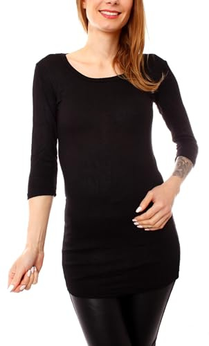 Easy Young Fashion - Damen Basic 3/4 Arm T-Shirt Rundhals - langes Unterziehshirt - Longshirt Skinny Fit 1098 - Schwarz M/L