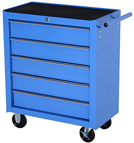 HOMCOM Carrello da Officina a 5 Cassetti con Ruote in Metallo Blu, 67.5x 33 x 77cm
