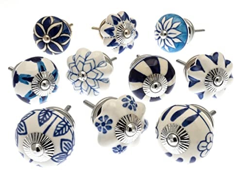 Mango Tree Mixed Set of 10 Blue and White Ceramic Door knobs/Cupboard knobs/Drawer knobs (MANGO-203)