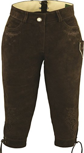 Kniebundhose Leder Damen Wildbock - Trachtenlederhose mit Reißverschluss- Damen Kniebundlederhose -Trachten Lederhose- Trachtenhose Knielang aus echt Leder Beige und Braun (34, Braun)