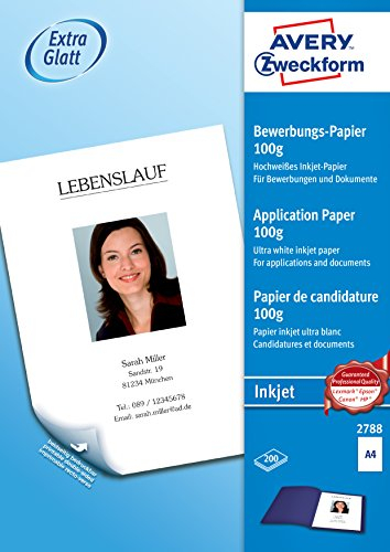 Avery Zweckform 2788 Business Inkjet Bewerbungspapier (200 Blatt, 100 g/m², A4, satiniertes Druckerpapier, beidseitig beschichtet, sofort trocken & wischfest, Geschäftspapier für Inkjet-Drucker) weiß