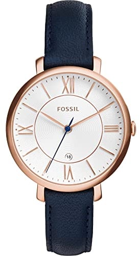 Fossil Uhr für Damen Jacqueline, Quarzwerk, 36mm Rose Gold Edelstahlgehäuse mit einem Echtlederarmband, ES3843
