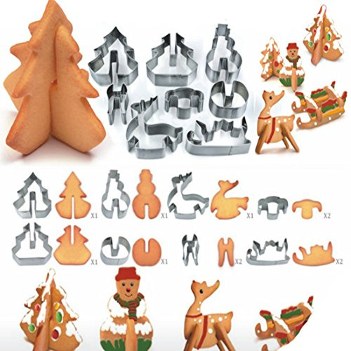 Andux Zone 3D Cookie Cutter 8 pièces Set en Acier Inoxydable 430 Santa scénario Biscuit Moule DIY Baking Tools | Bonhomme de Neige + Arbre de Noël + cerf + traîneau | BGMJ-04