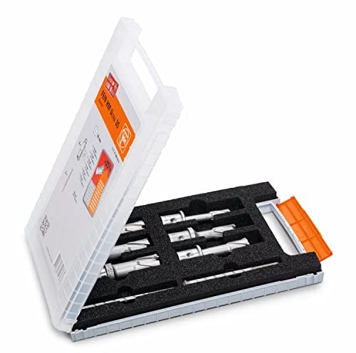 FEIN Set di accessori Best of frese a corona QuickIN, 6 Punte Trapano a Corona e 2 Perni di Centraggio, Profondità di Taglio 35 mm, Valigetta Attrezzi in Plastica