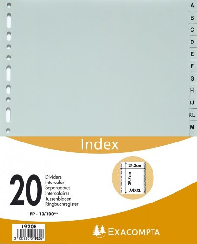 Exacompta 1920E Kunststoff-Register A-Z für DIN A4 MAXI aus recyceltem Kunststoff 20-teilig volle Höhe 24 x 29,7 cm grau mit bedruckten Taben Universallochung Blauer Engel Trennblätter Trennstreifen
