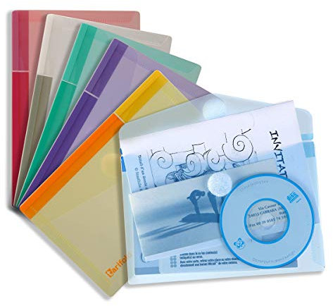 Djois made by Tarifold 6 Enveloppes Porte-documents Plastique Non Perforées Fermeture Scratch Format A6-6 couleurs (Bleu, Violet, Vert, Jaune, Rose, Transparent) - 510289