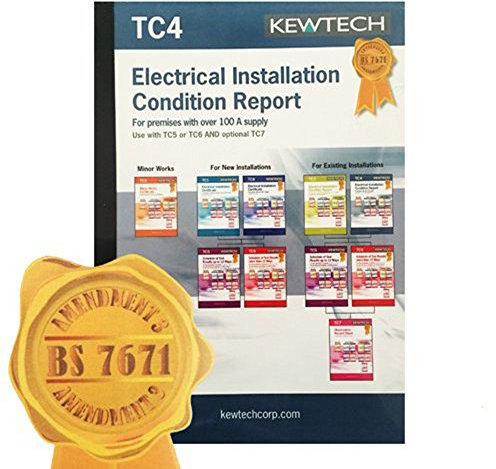 Kewtech TC4 - AMENDMENT 3 COMPLIANT Electrical Installation Condition Report For Supplies Greater than 100A Book, Contains 7 Certificates (6 Pages Per Certificate), With Copies For Customer & Contractor Use, Must Be Used With TC5 or TC6 And Optional TC7