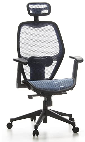 hjh OFFICE 653060 Silla de Oficina Air-Port Tejido de Malla Azul, Silla giratoria, ergonómica, apoyabrazos Plegables, reposacabezas, Soporte Lumbar