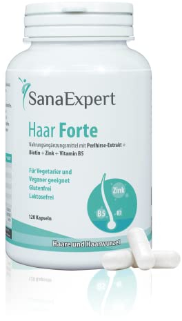 SanaExpert Haar Forte | Renforce les cheveux et les ongles. Avec biotine, zinc, millet perlé et sélénium. Vitamines pour des cheveux forts | 120 capsules véganes, anti-chute. Fabriqué en Allemagne.