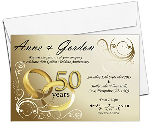 Invite Designs Ltd 10 Personalised 50th Golden Wedding Anniversary Invitations with Envelopes N1