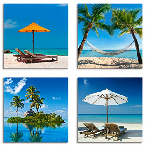 ARTLAND Wanddeko Strandbilder Leinwand Bilder Set 4 tlg. je 40x40 cm Quadratisch Wandbilder Landschaft Strand Karibik Paradies J4ZE