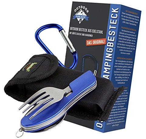 OUTDOOR FREAKZ Couverts de camping en acier inoxydable avec sac pliable en néoprène (bleu +)