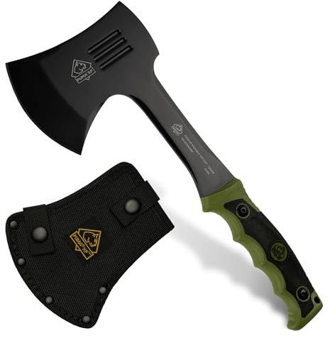 PUMA XP - Packable Hatchet – Kompaktes Outdoor-Beil Olivgrün mit 90 mm Schneide & 305 mm Gesamtlänge – 5 mm Starke Klinge aus 440 Stahl (55-57 HRC) – Rutschfester Gummigriff – inkl. Nylon-Scheide