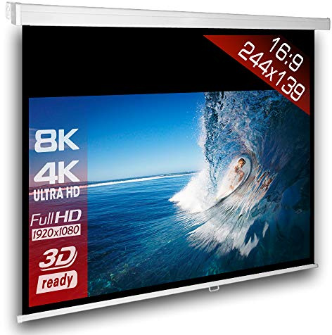 SlenderLine Beamer Leinwand 244 x 139 cm | Format 16:9 | 1.2 Gain | FULL-HD 4K 8K & 2D/3D geeignet | manuelle Rolloleinwand für Heimkino & Präsentation | 4-kant Gehäuse - direkte Decken- bzw. Wandmontage | Aufrollmechanismus mit mehrfach Arretierung