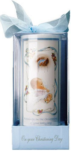 Candela per battesimo per bambino in scatola con nastro e preghiera di Lourdes