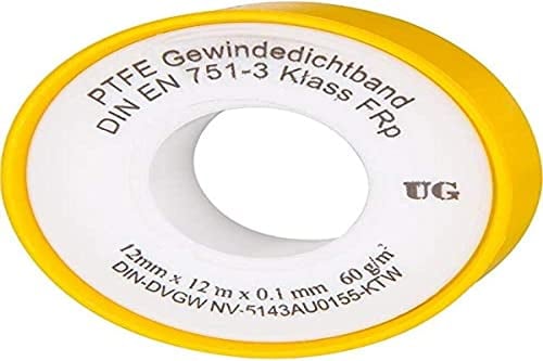 UG Gewindedichtband Rolle (Teflonband) FRp für Feingewinde DN10 nach DIN EN 751-3, 12mm x 0.1mm x 12m (60 g/m²), Gelb, Wasserdicht, 20 Stück