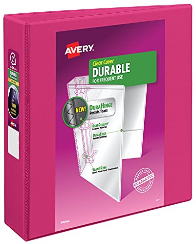 Avery Durable View 3 Ring Binder, 2 Inch Slant Rings, 1 Pink Binder (17836) | For Daily School, Home and Office Use, DuraHinge Tear-Resistant Spine, DuraEdge Split-Resistant Edges, Clear View Overlays