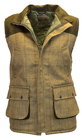WALKER AND HAWKES Herren Country-Weste aus Tweed mit verstärkten Schultern - für die Jagd geeignet - Helles Salbeigrün - Größe S (38-40)